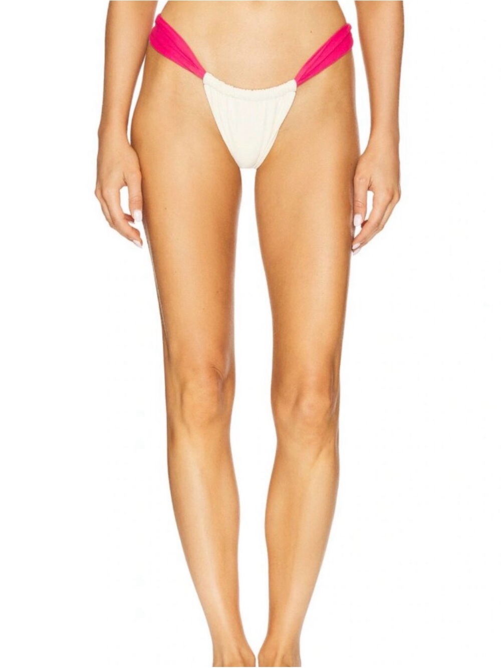 Montce | Pink and Cream Ruched Thong Bikini | Large | Cream / Raspberry